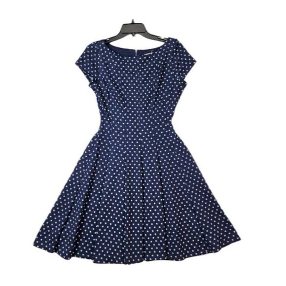 Danny & Nicole Navy Blue Dress Size 6 Women Fit n Flare Dot Short Sleeves Career - Picture 6 of 8